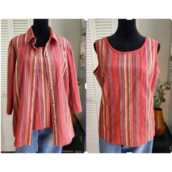 VTG Koret Striped Button up Shacket Tank Set sz Medium Fall Prep Orange STripe - Picture 1 of 11